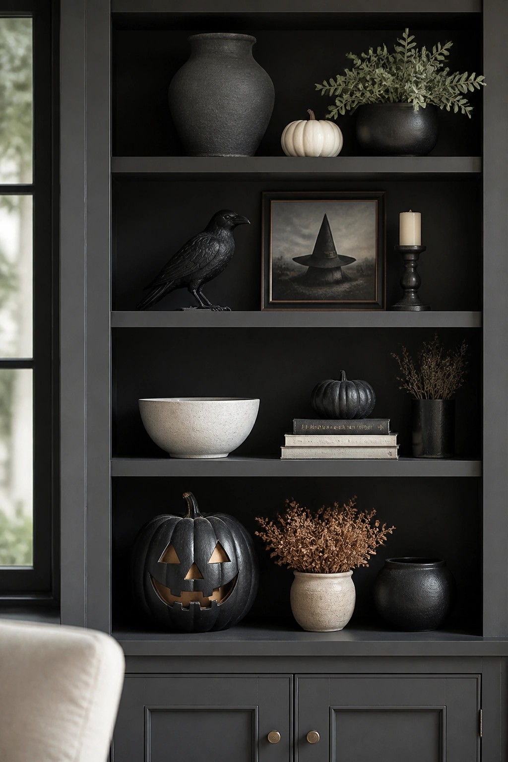 Built-in dark shelves styled with a black raven, framed witch hat artwork, a carved black jack o lantern, and neutral vases and dried stems.