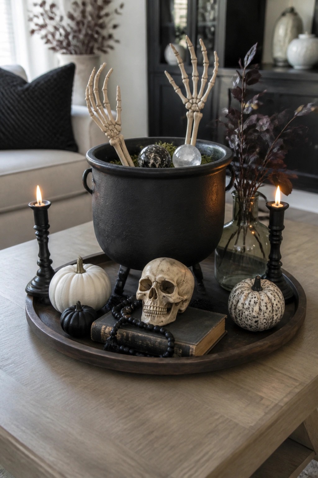 Wooden tray on a coffee table with a black cauldron holding skeleton hands, a skull, a book with beads, small pumpkins, and two lit candles.