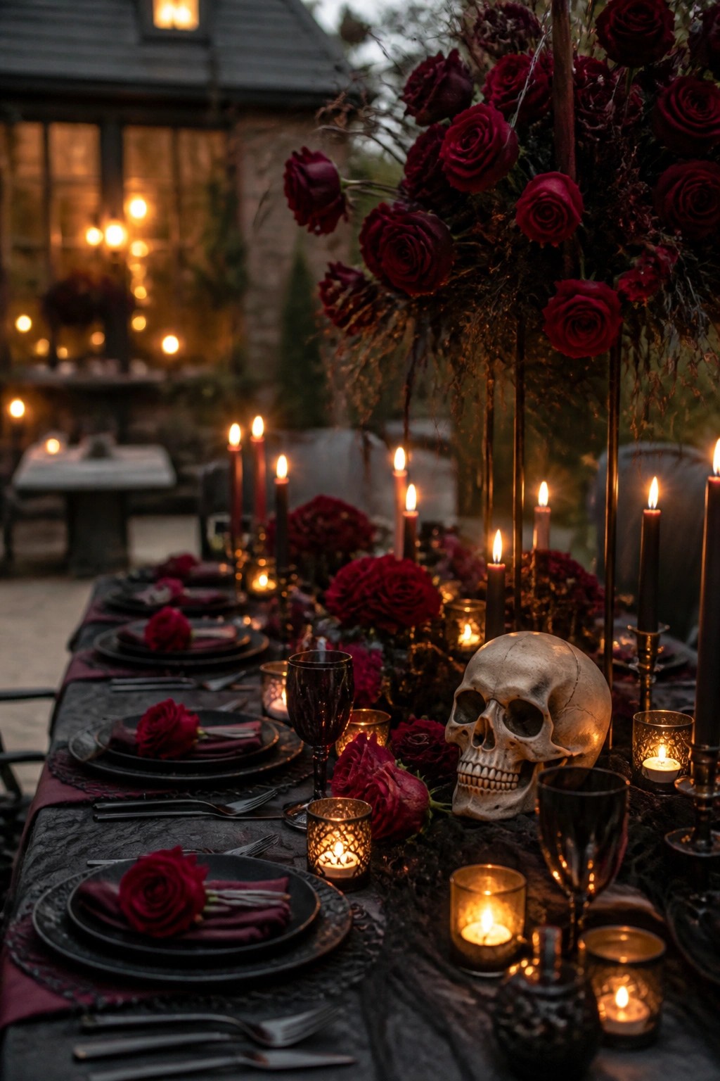 Gothic table setting with black plates, red roses, candles, and skull at dusk