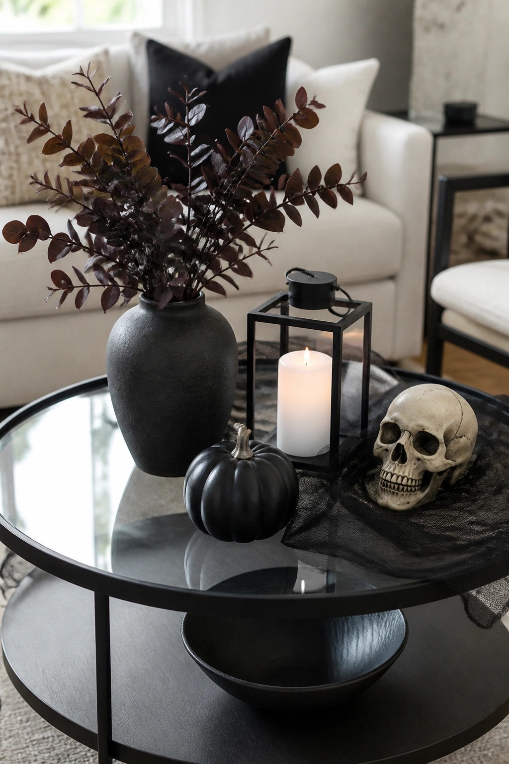 Coffee table vignette with a decorative skull on black fabric, a black pumpkin, a lit black lantern, and a dark vase of foliage.