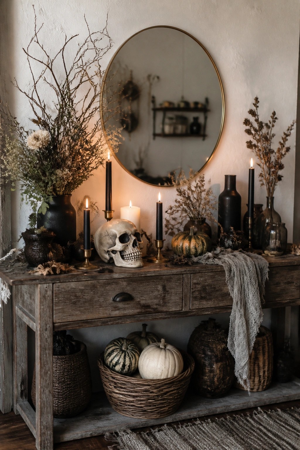 Wooden console table decorated with a skull, black taper candles, and dark vases in an entryway.