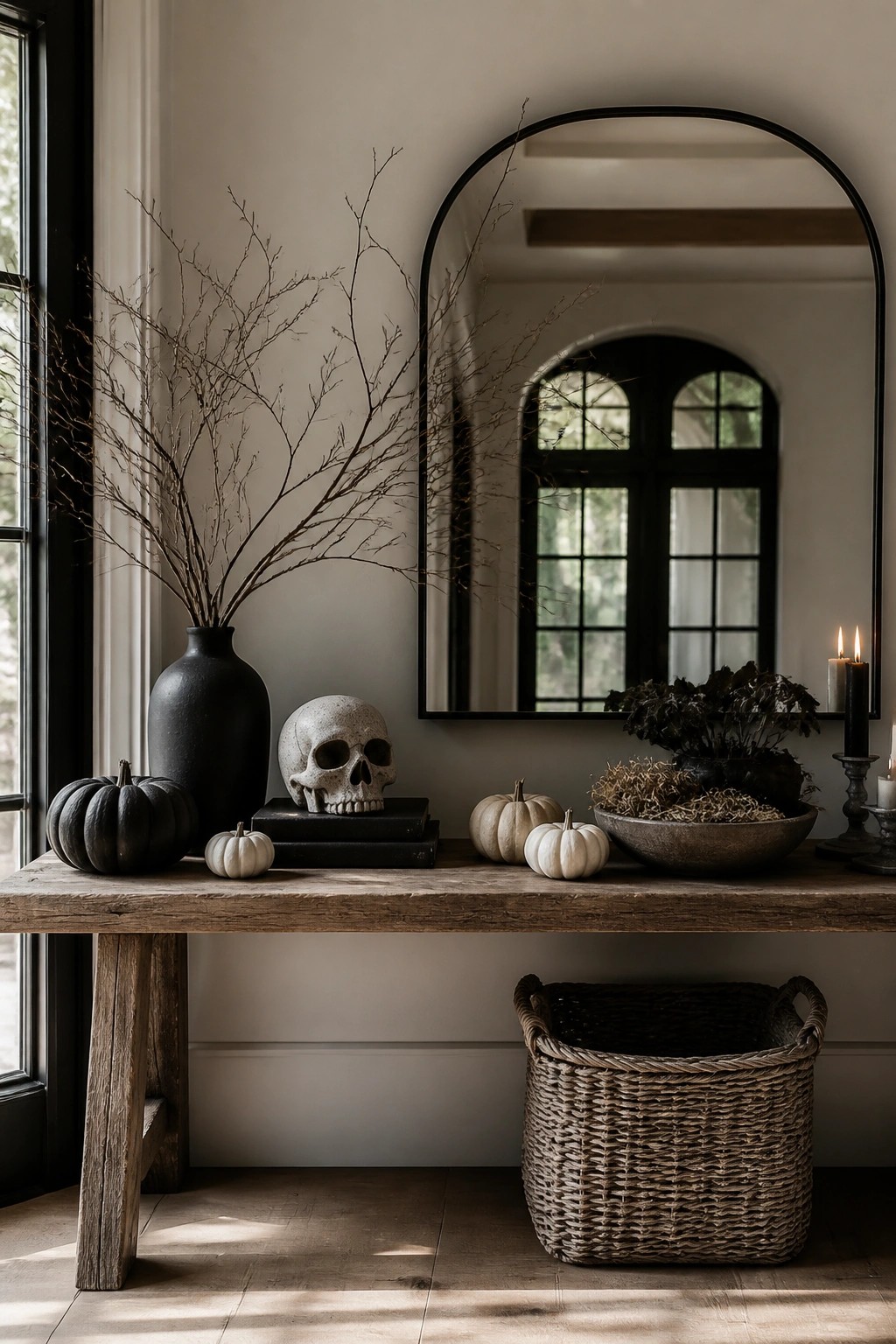Wooden console table in an entryway holding a stone skull on black books, a black vase with bare branches, and small black and white pumpkins.