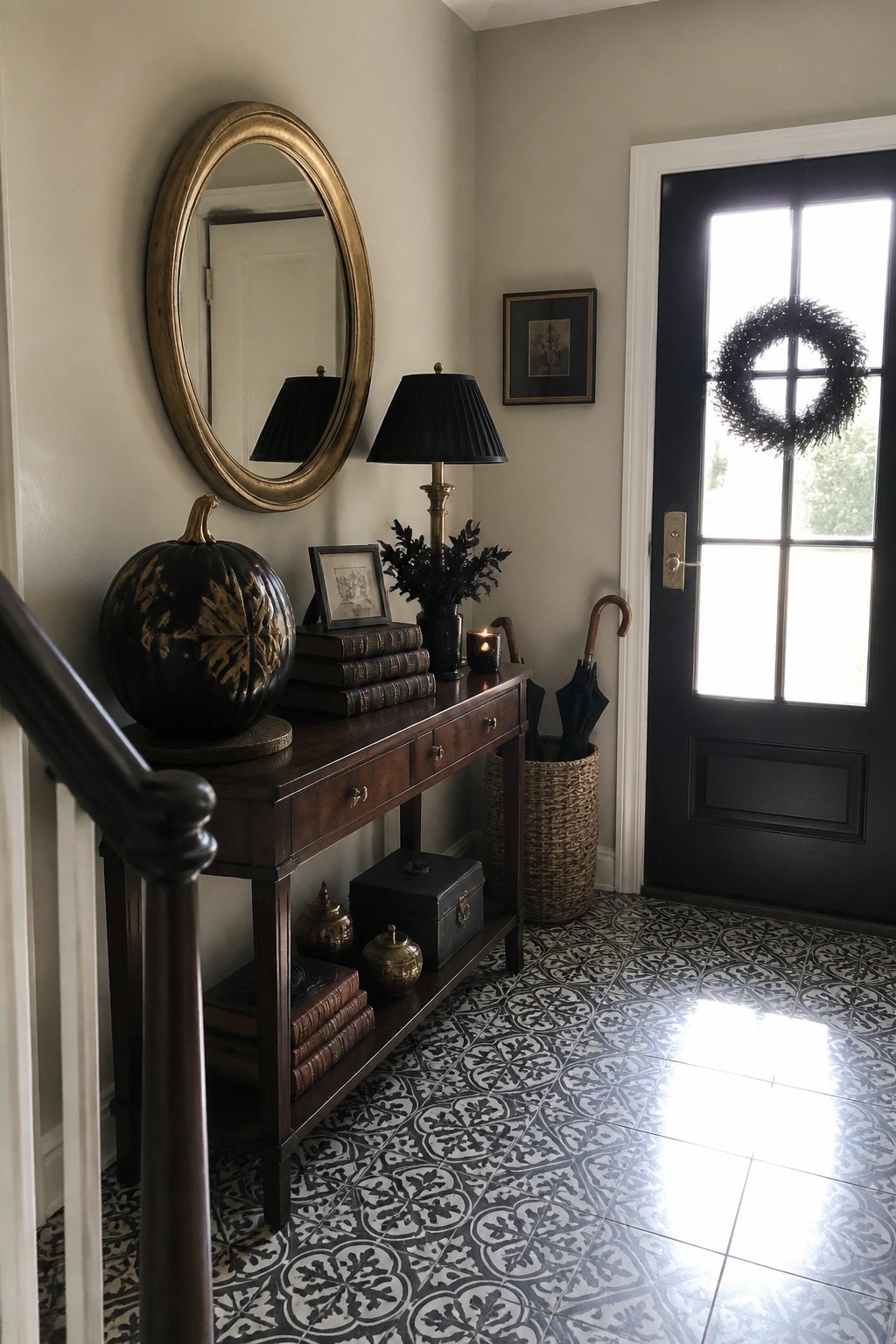 A wooden console table in a neutral entryway holds stacked books, a black decorative pumpkin, a lamp, and small items, with a black door and wreath visible to the right.