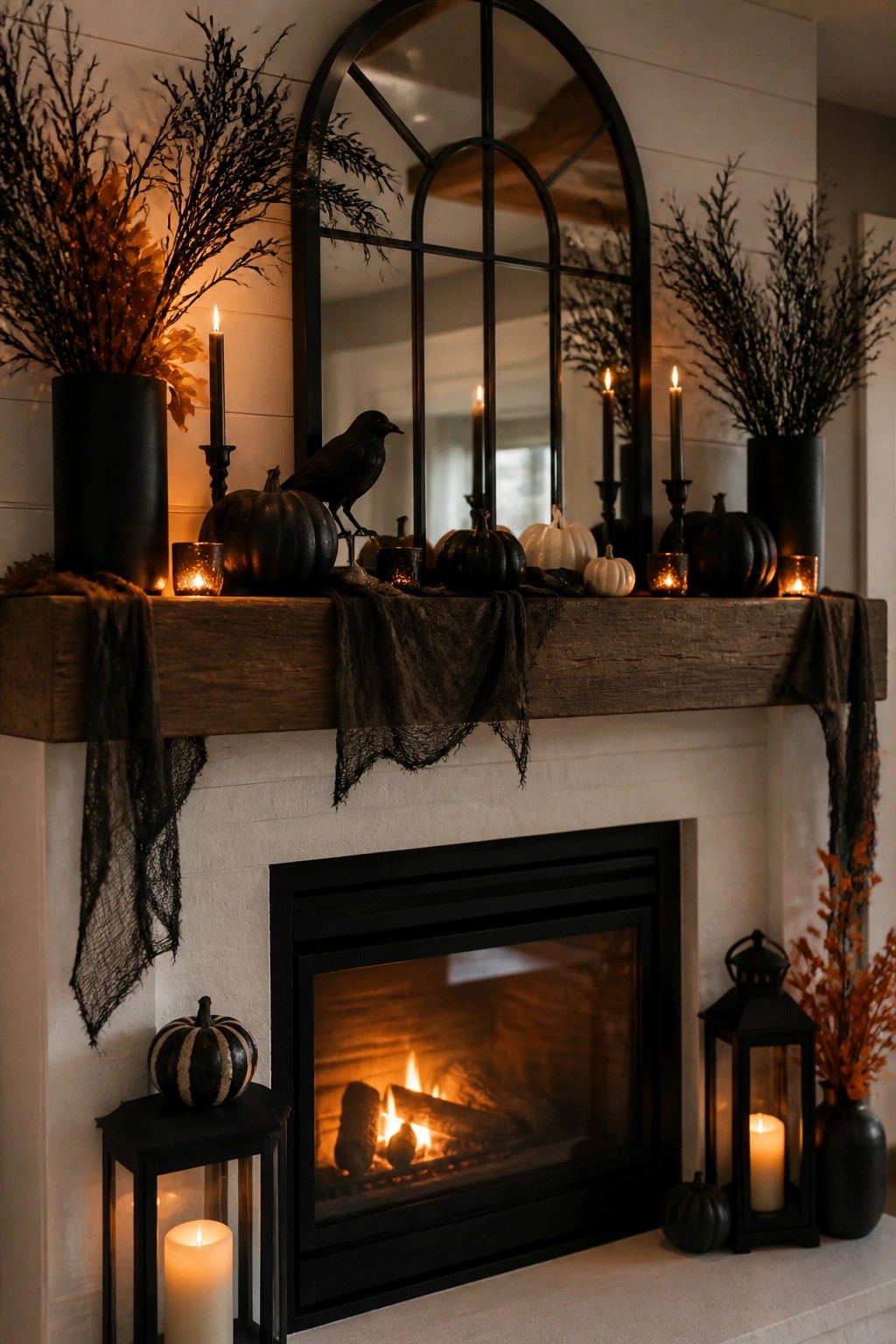 Wooden mantel with black pumpkins, crow, candles, and branches above burning fireplace