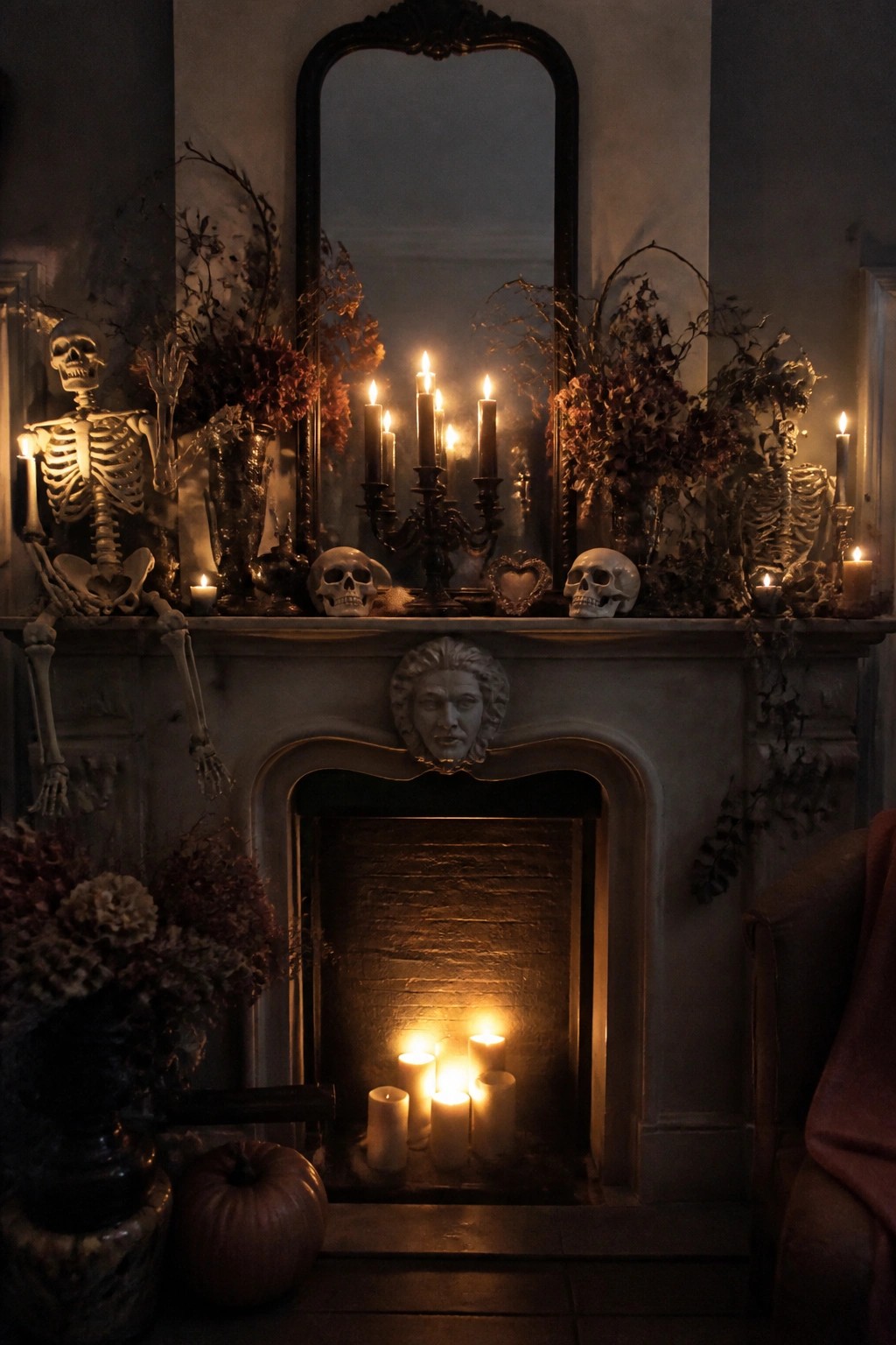 Dark gothic mantel with skeletons, skulls, dried flowers, and glowing candles.