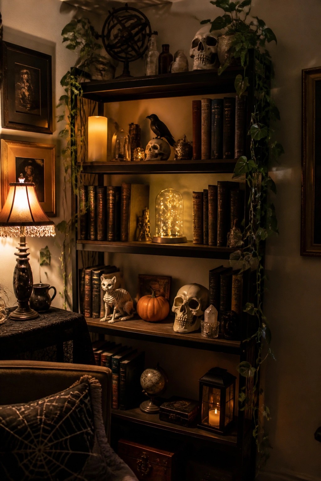 Dark wooden bookshelves styled with multiple human skulls, a cat skeleton, a crow, a small pumpkin, and old books for a Halloween display.