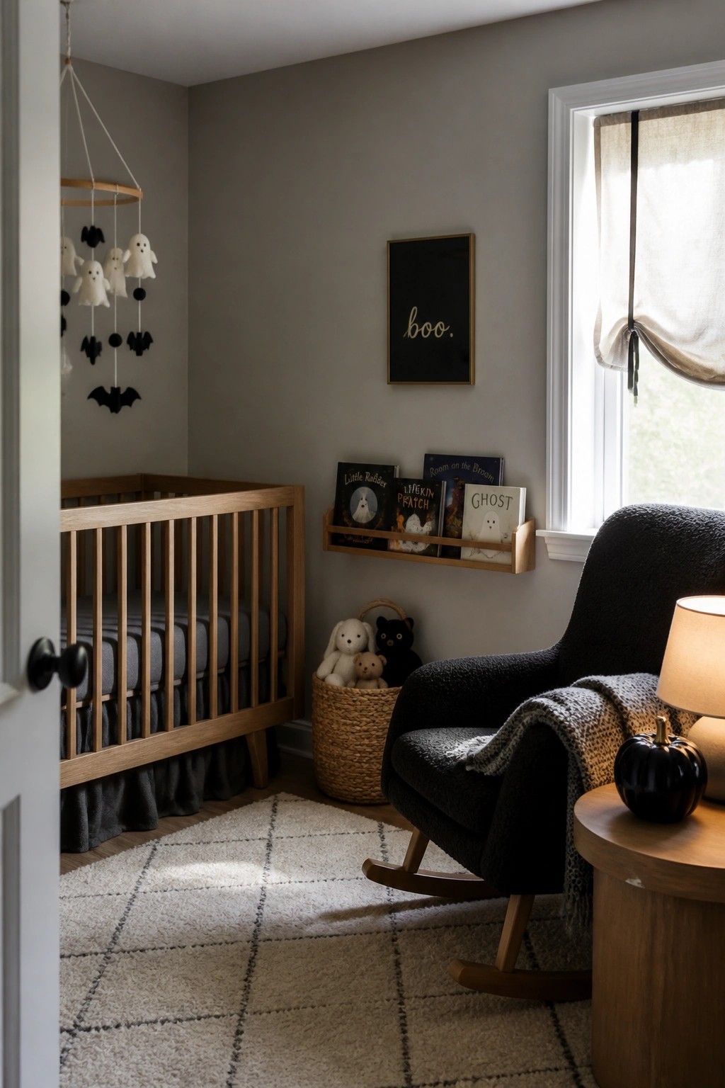 A nursery with a wooden crib, black rocking chair, ghost and bat mobile, and Halloween books on a wall shelf.