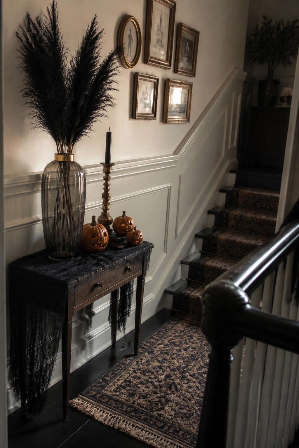 Console table with black pampas grass, pumpkins, and candle beside carpeted stairs.