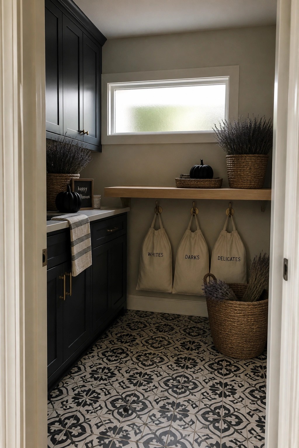 Navy cabinets, wooden shelf, and three labeled laundry bags above patterned tile floor.