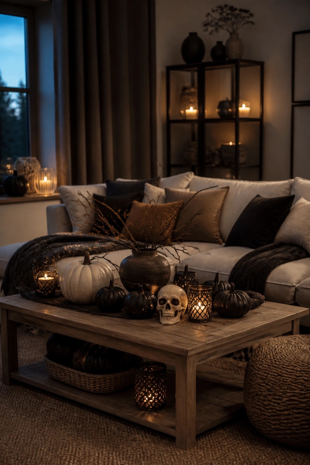 Cozy living room with wooden coffee table holding pumpkins, skull, and glowing candles.