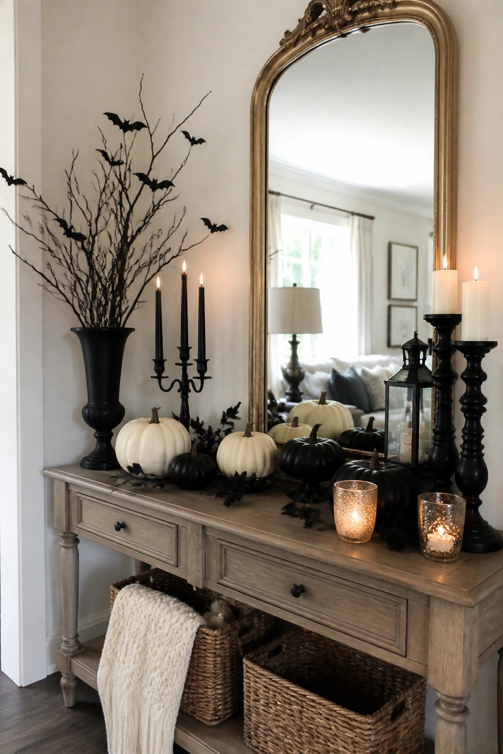 Entryway console table with black branches holding bats, black candles, and a mix of white and black pumpkins arranged in front of a large mirror.