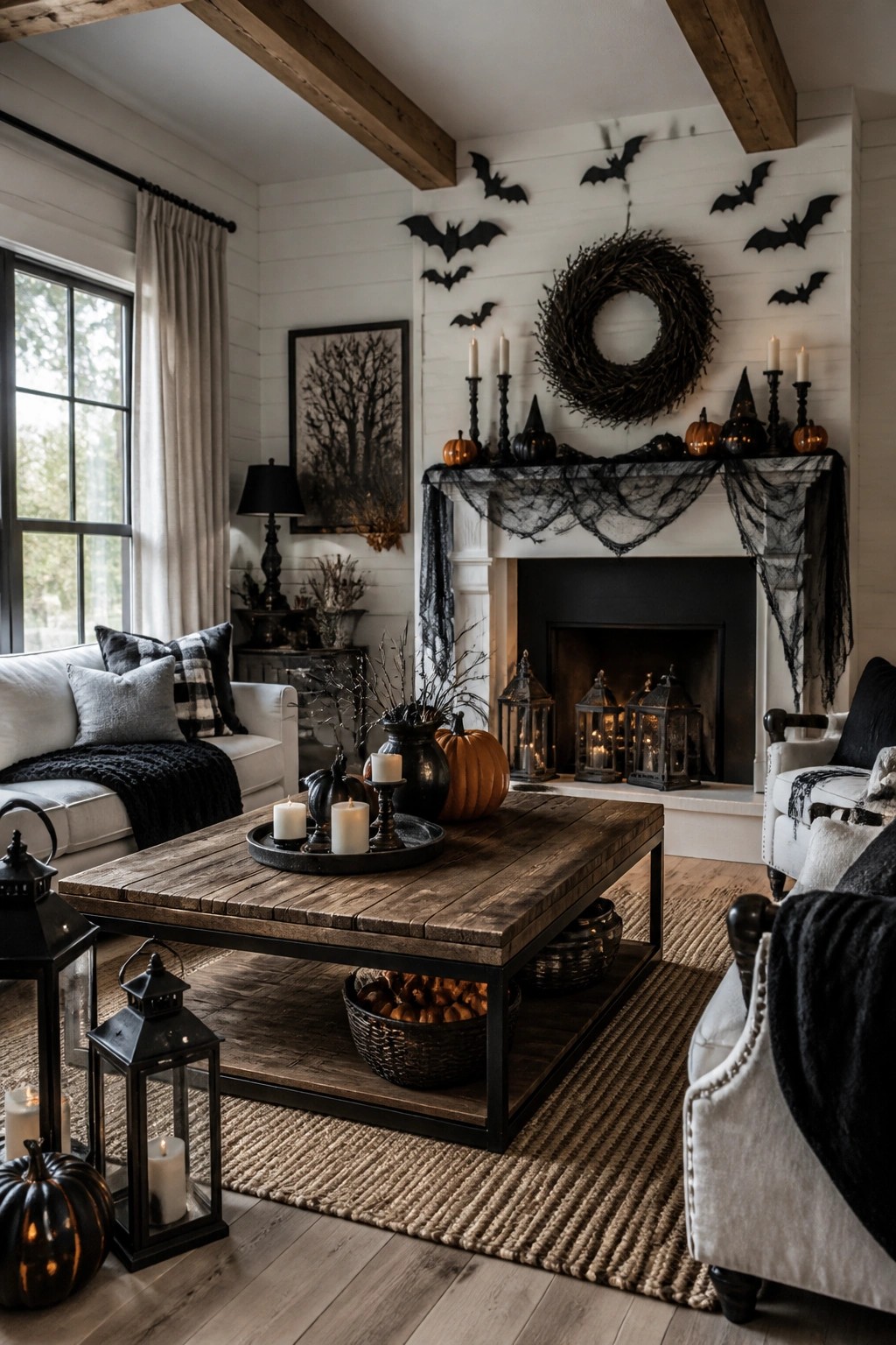 Living room fireplace mantel decorated with black bats on the wall above, pumpkins, candles, and black fabric draped across the mantel.