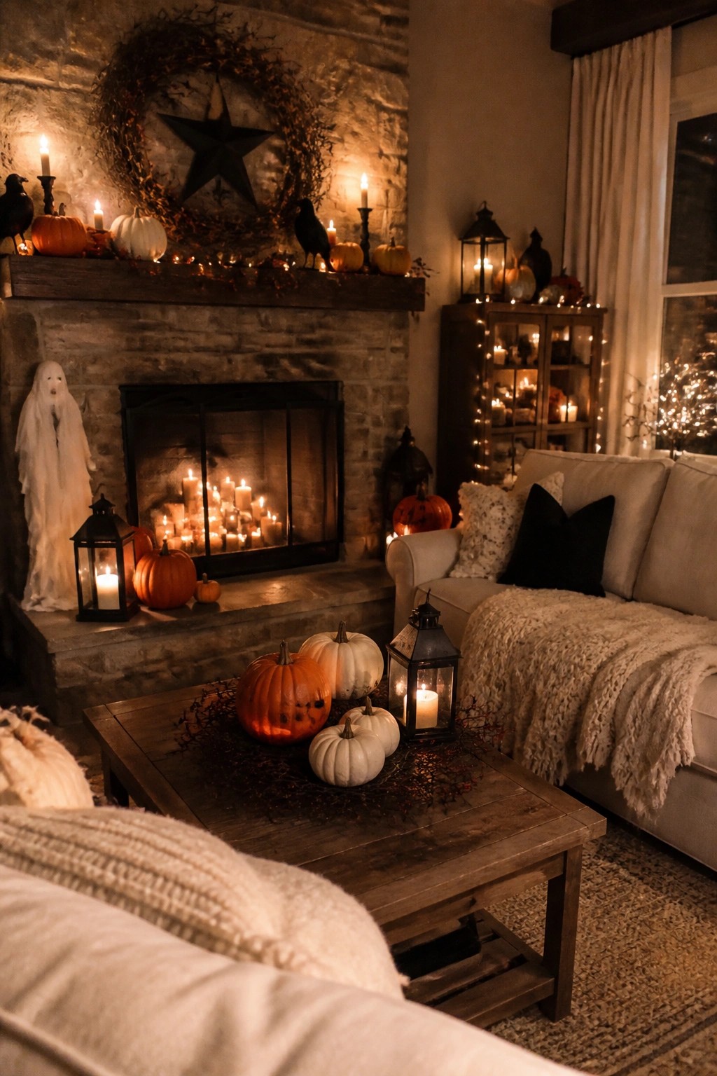 Stone fireplace mantel decorated with a wreath, black crows, pumpkins, and candles, with a white ghost figure standing to the side.