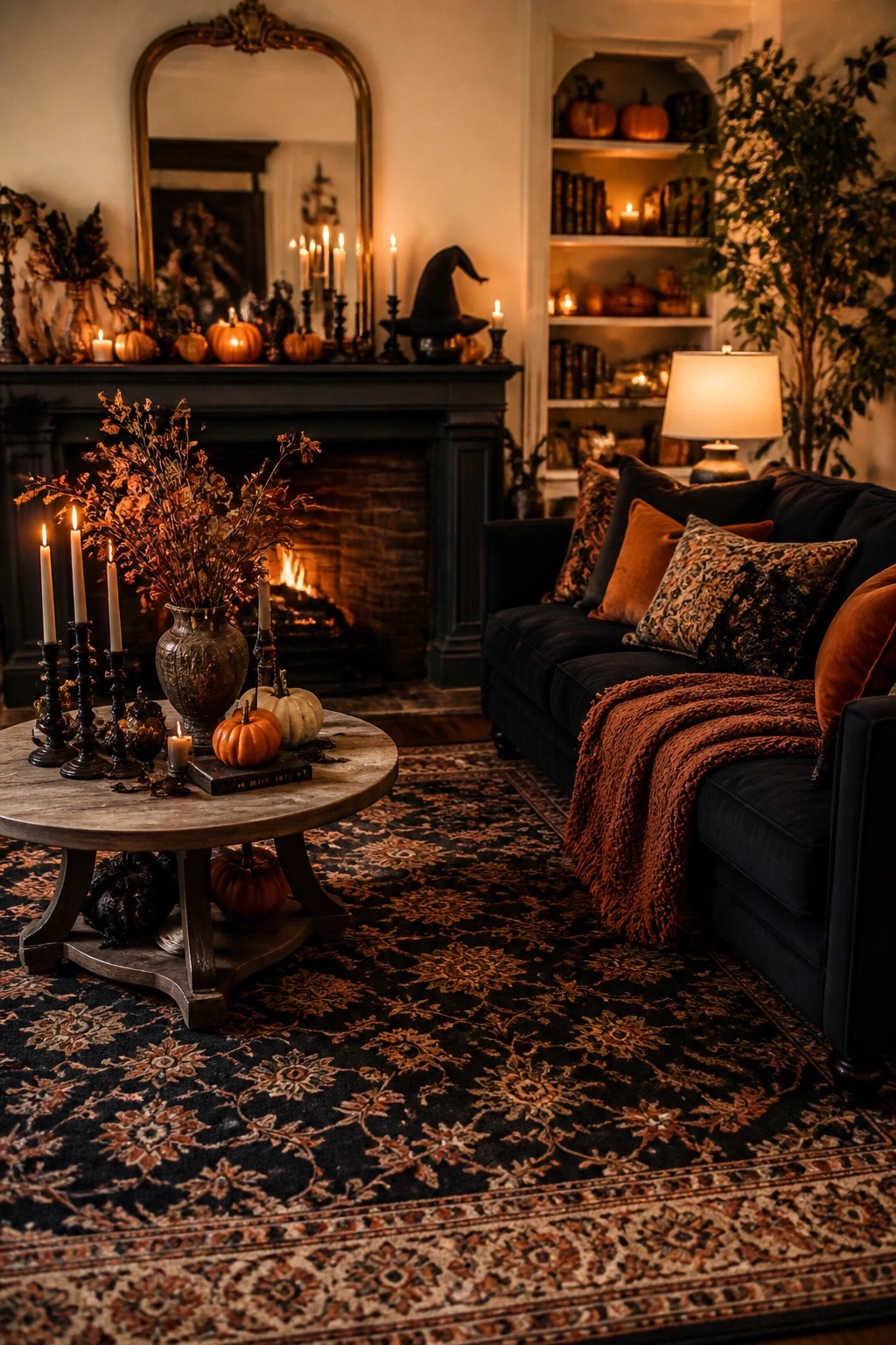 Living room mantel decorated with a black witch hat, small pumpkins, and lit candles for Halloween.
