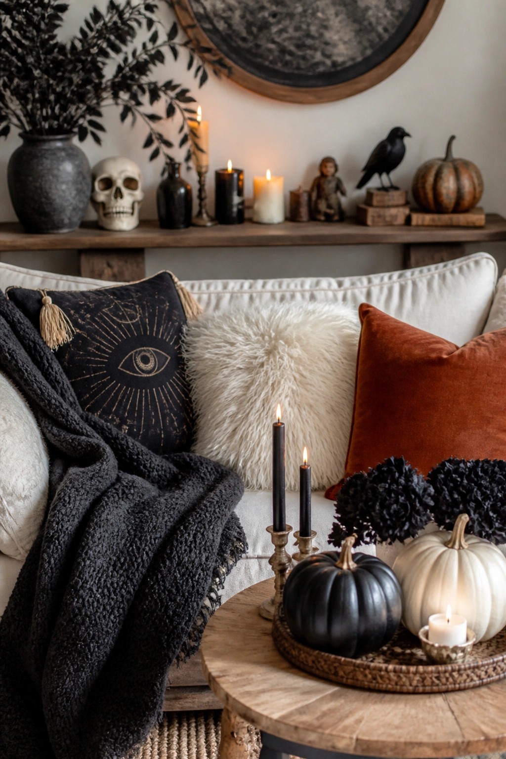 Living room view showing a sofa with a black eye motif pillow and a wooden mantel decorated with a skull, black crow, candles, and pumpkins.