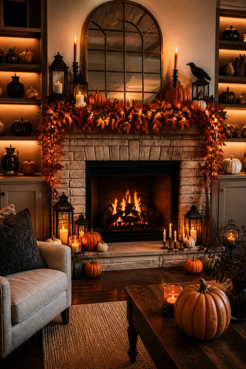 Stone fireplace mantel decorated with an orange leaf garland, pumpkins, candles, and a black crow figure.