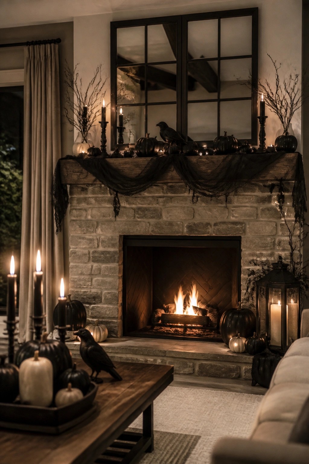 Burning fireplace with black pumpkins, crows, candles, and draped black fabric on mantel