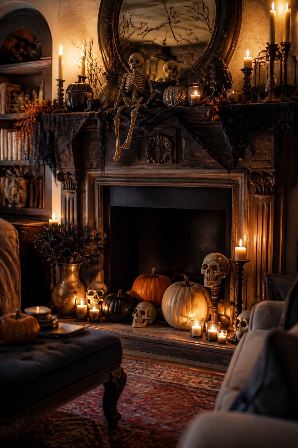 A dark wooden fireplace mantel decorated with a sitting skeleton, skulls, pumpkins, and lit candles for Halloween.