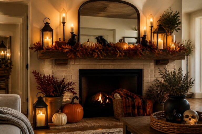 Stone fireplace mantel decorated with an orange leaf garland, pumpkins, candles, and a black crow figure.