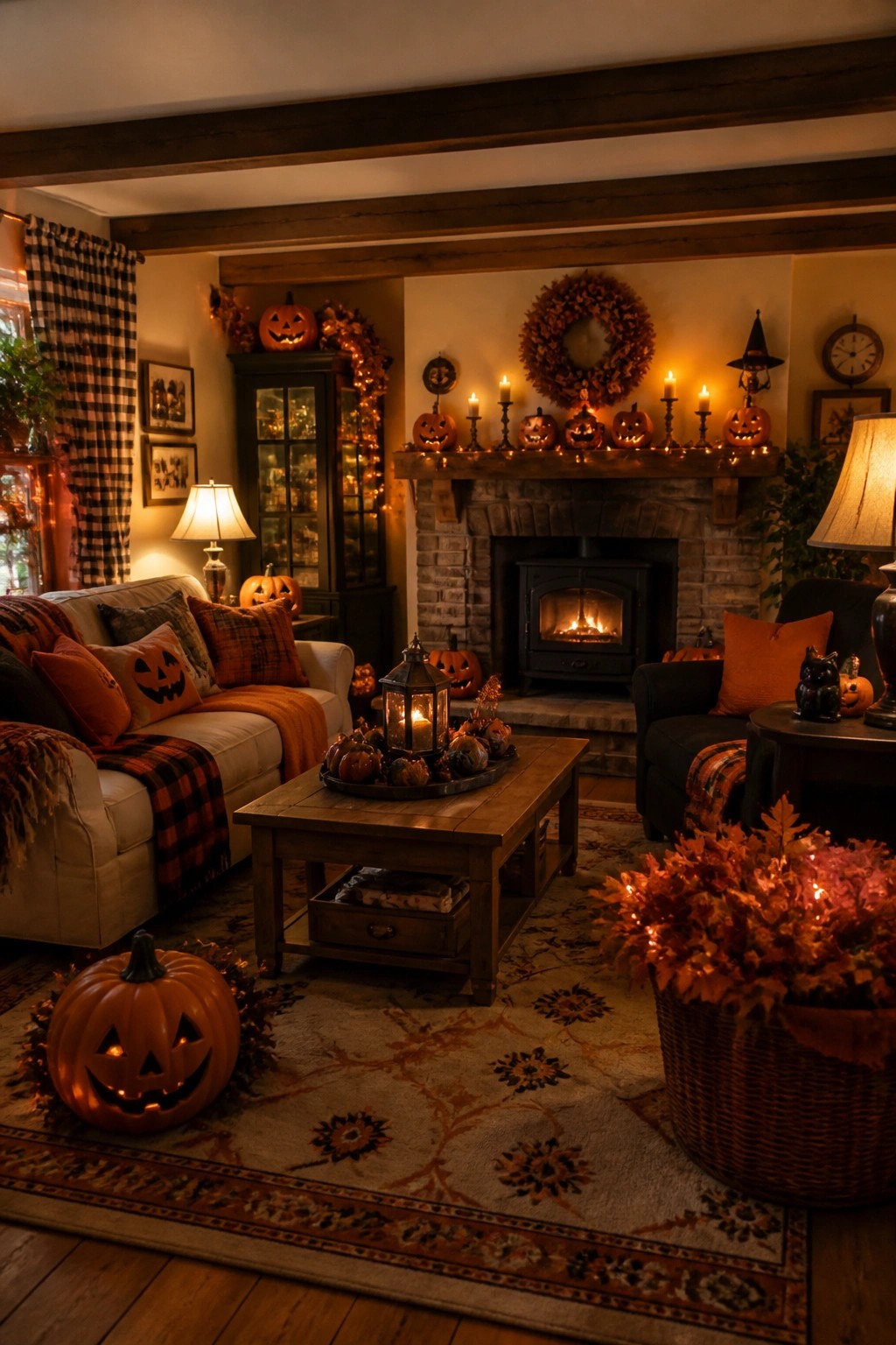Living room mantel decorated with multiple carved jack-o'-lanterns, lit candles, and a wreath above a fireplace.