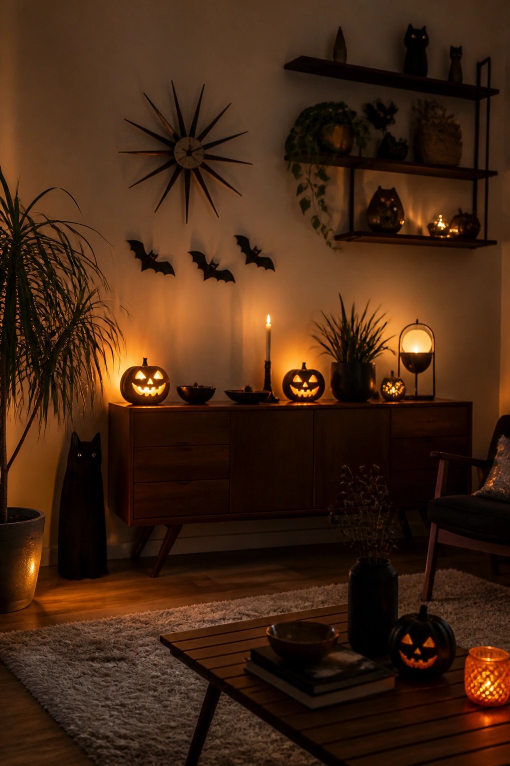 Living room console with several glowing jack-o'-lanterns lined across the top and paper bats on the wall above.