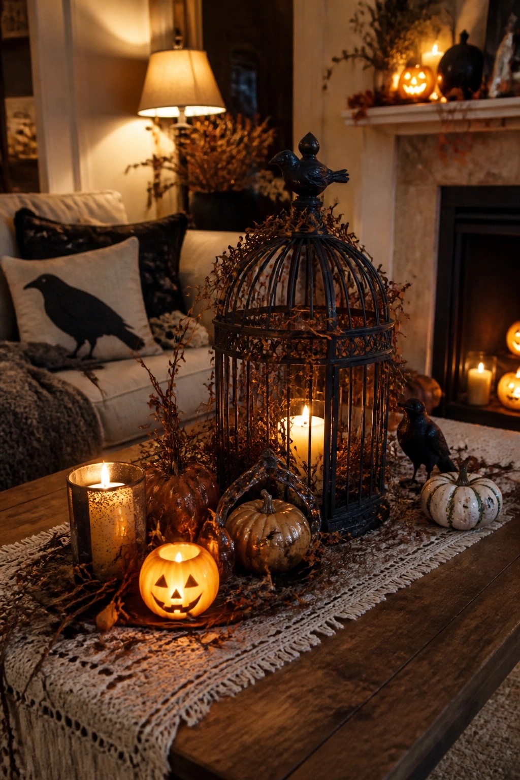 Coffee table decorated with a large black birdcage, crows, and several small jack o lanterns on a lace runner.
