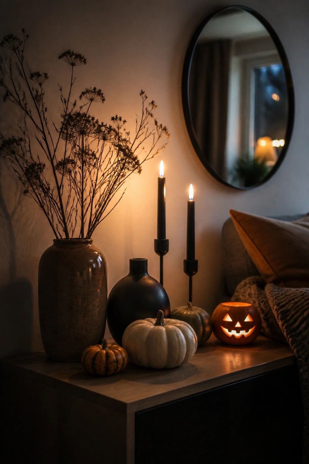 Lit black candles, pumpkins, vases with dried plants on wooden table near mirror