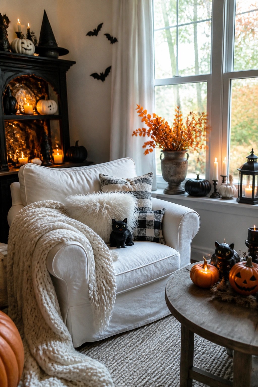 White armchair with black bat cutouts arranged on the wall above it and a small black cat figurine sitting on the seat.