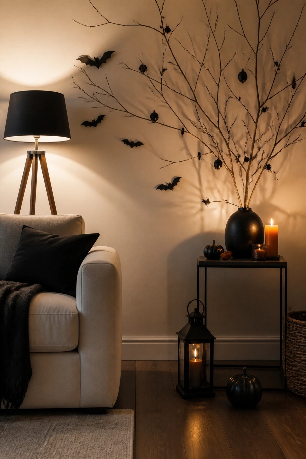 Living room corner showing black bats arranged on a light wall around tall bare branches in a black vase, with a lantern and small pumpkins nearby.