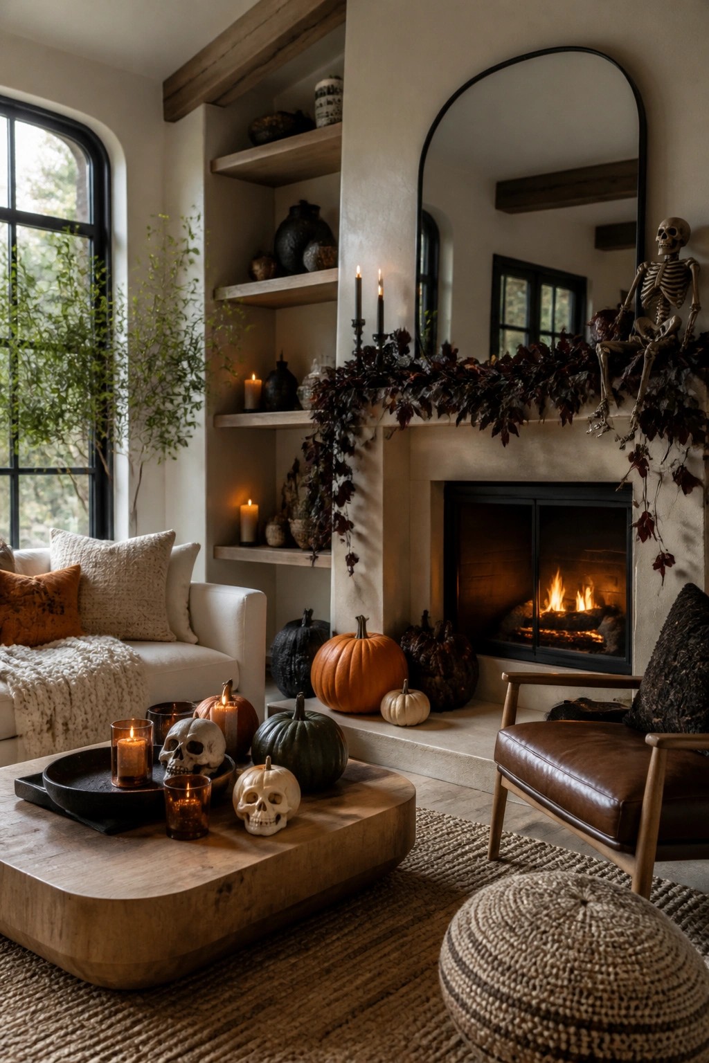 Cozy autumn living room with fireplace, pumpkins, skeletons, candles, and leather chair