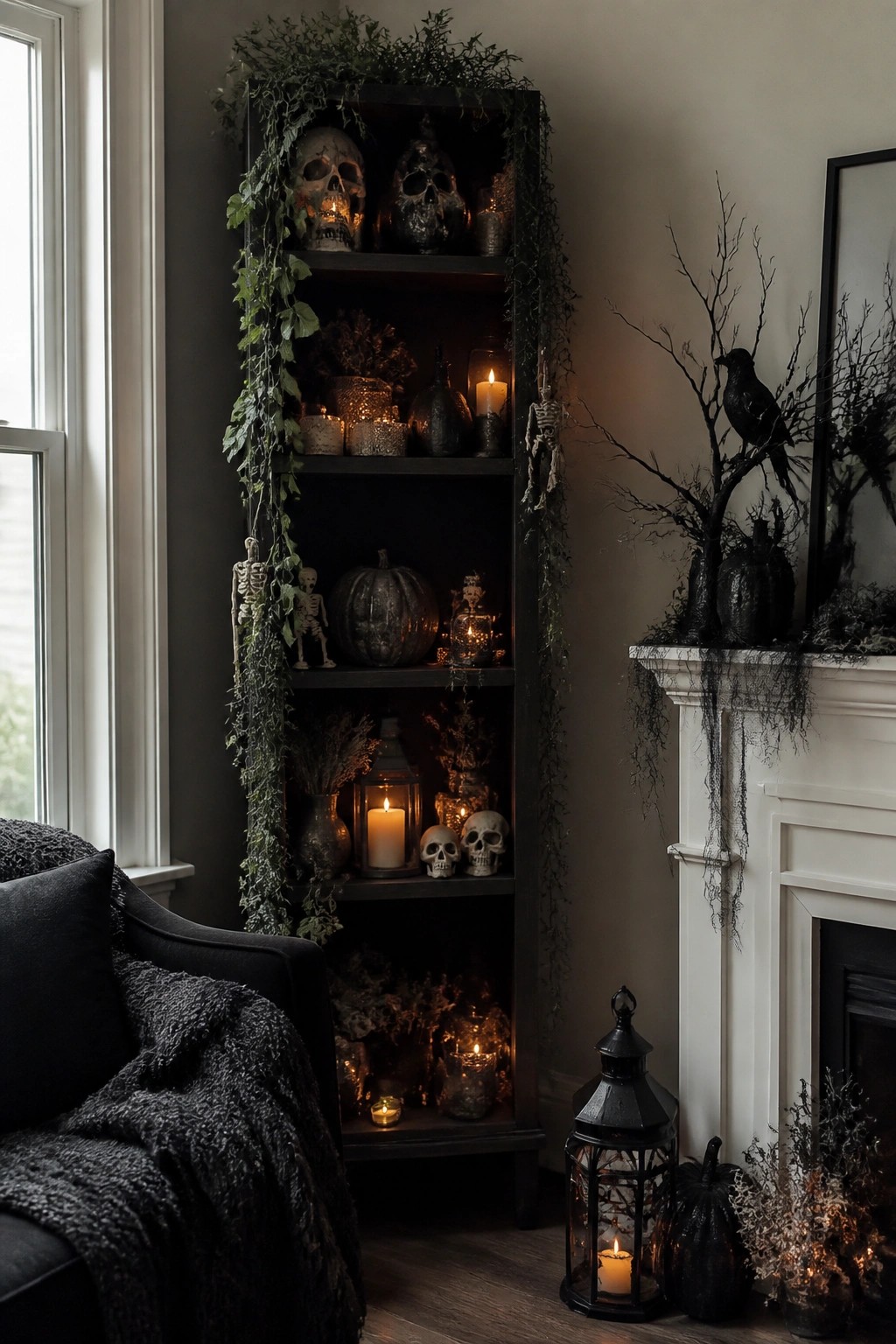 Dark bookshelf filled with skulls, skeletons, pumpkins, and lit candles beside a white fireplace mantel with a black crow decoration.