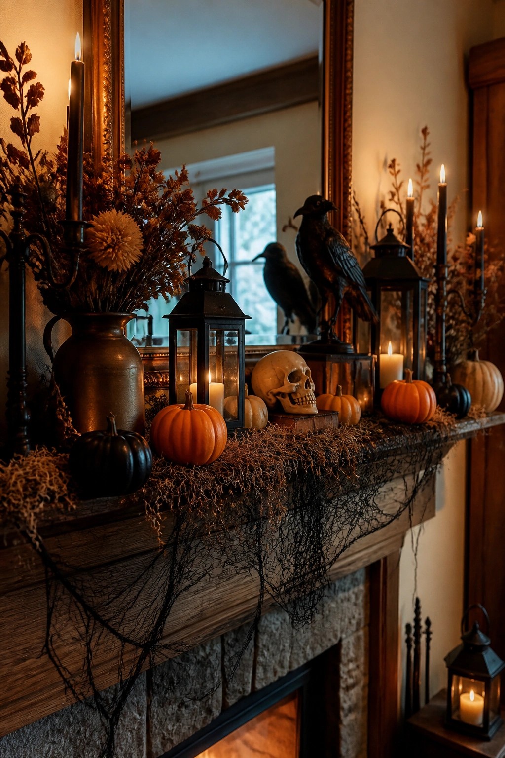 A wooden fireplace mantel decorated with a skull, black crow figures, orange pumpkins, black lanterns, and dark web-like material.