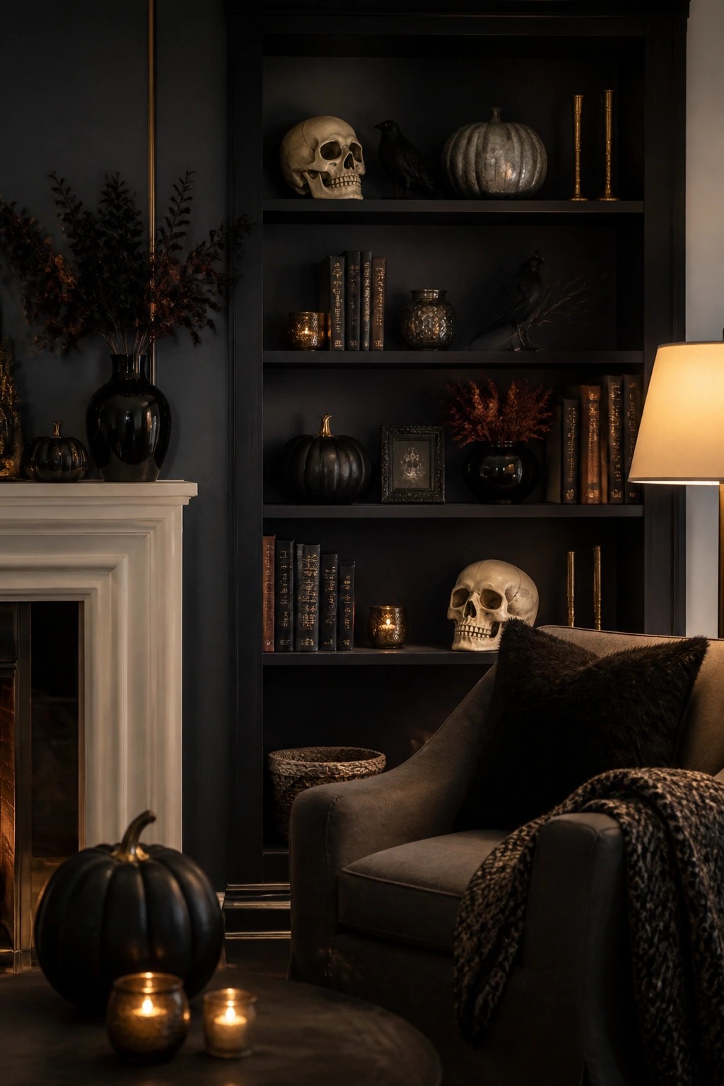 Dark gothic living room with black shelves of skulls, pumpkins, books, white fireplace, and armchair.