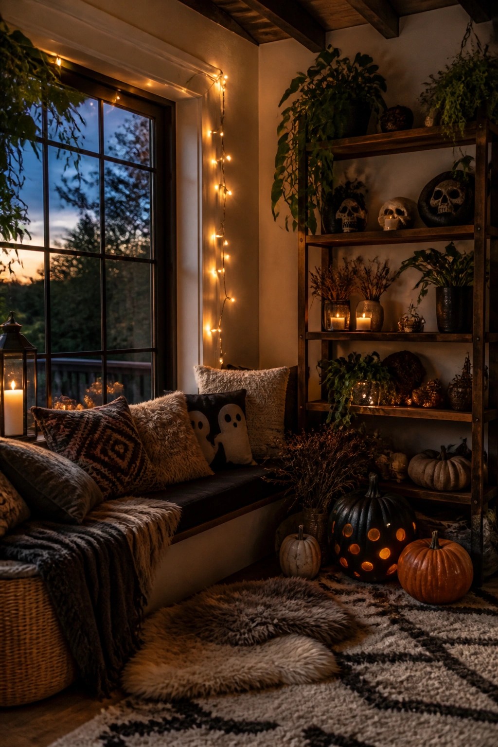 Cozy window seat with ghost pillows, a glowing carved black pumpkin on the floor, and skulls on wooden shelves nearby.