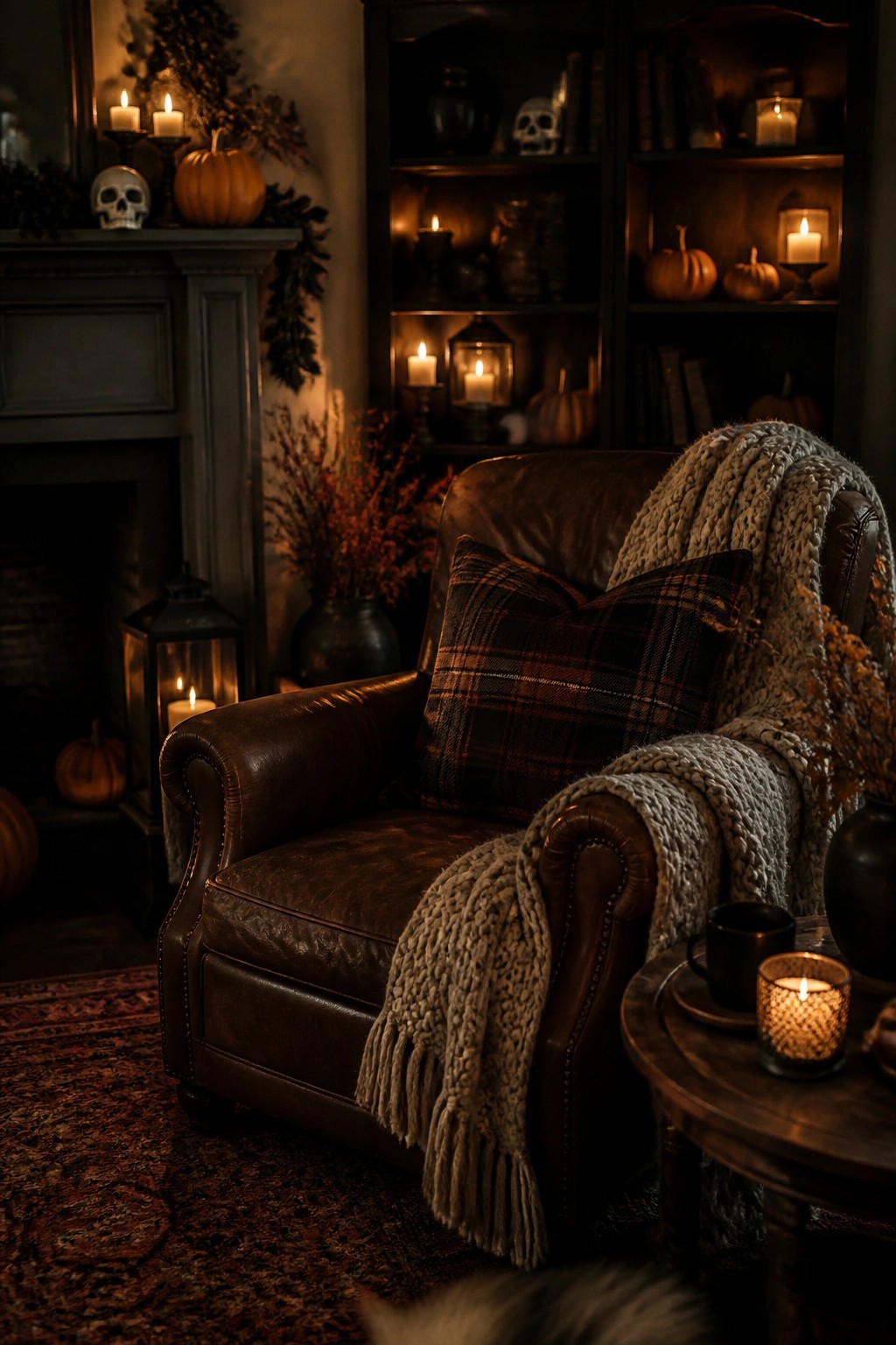 Living room mantel styled with skulls, pumpkins, and candles for Halloween.