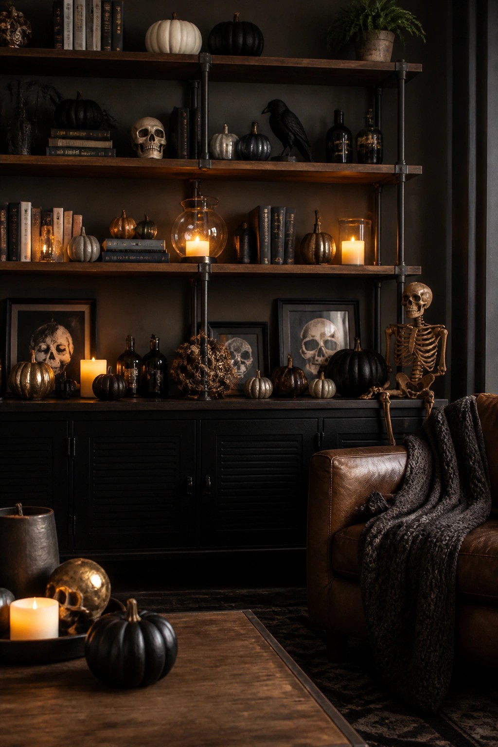 Living room shelves and cabinet styled with multiple skulls, a skeleton figure, a black bird, and candles for Halloween.