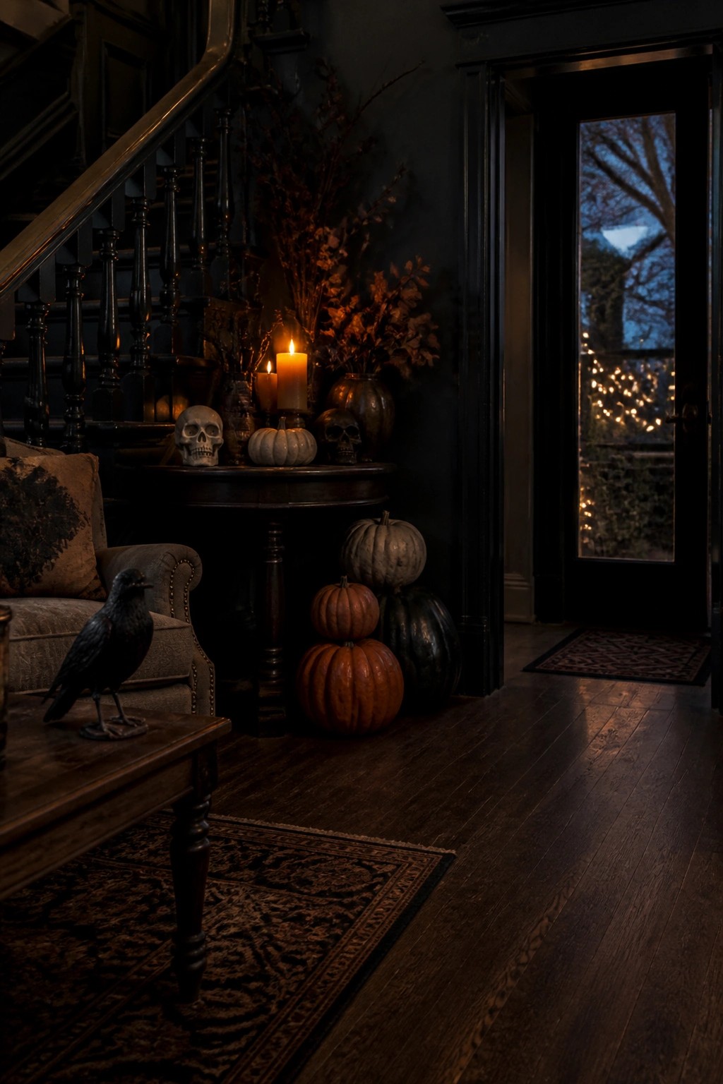 Entryway console table styled with human skulls, lit candles, small white pumpkins, and dark branches beside a staircase and front door.
