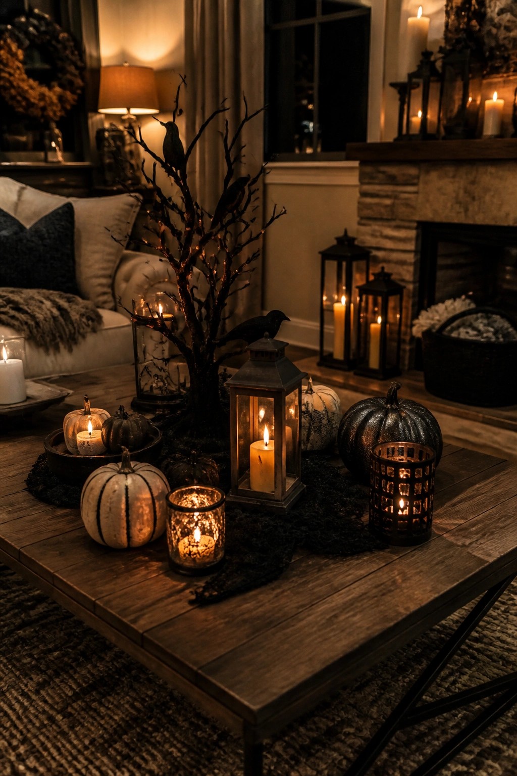 Coffee table with a black branch centerpiece holding crows, surrounded by lit lanterns, candles, and white and black pumpkins.
