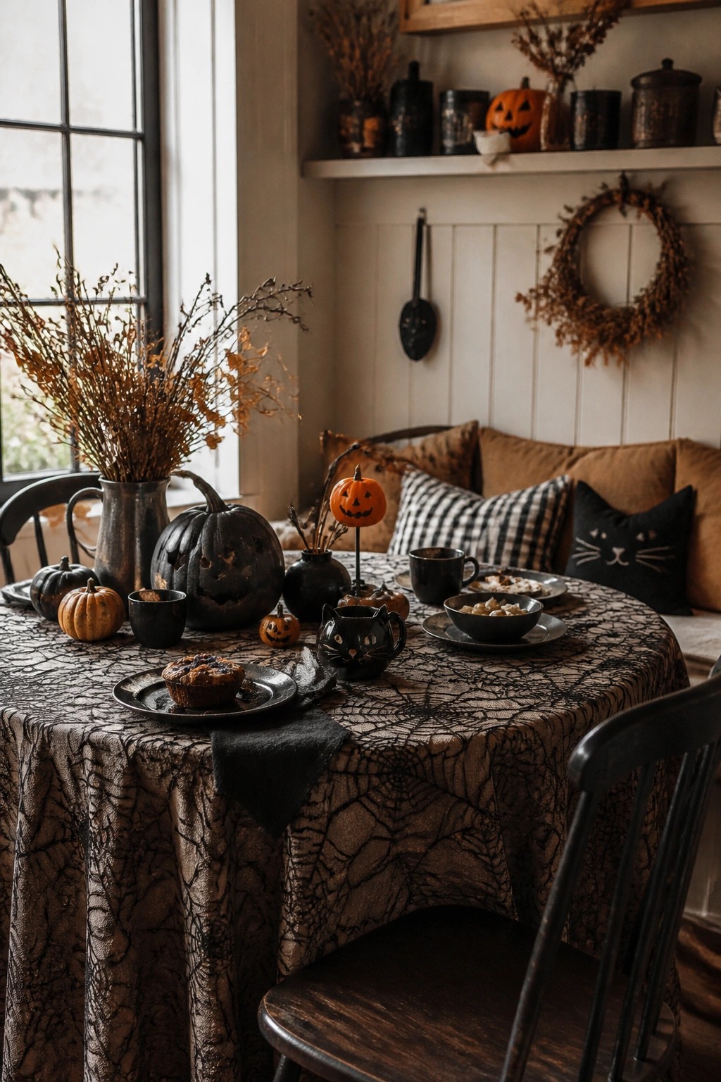 Round dining table covered in a black spiderweb tablecloth with carved pumpkins, black dishes, and a black cat mug.
