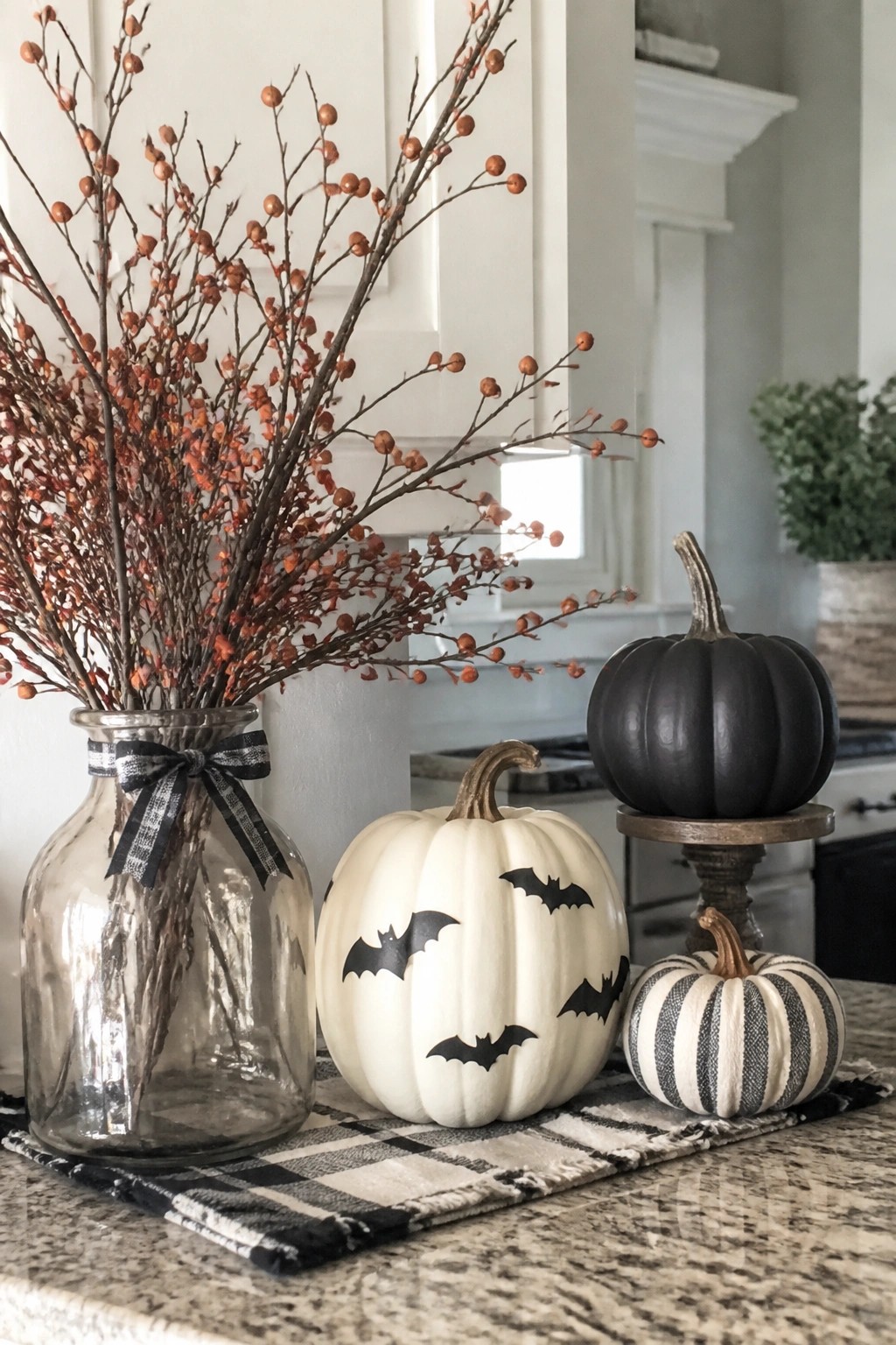 White pumpkin with black bat cutouts sits on a plaid runner beside a black pumpkin on a wooden stand and a striped pumpkin on a kitchen counter.