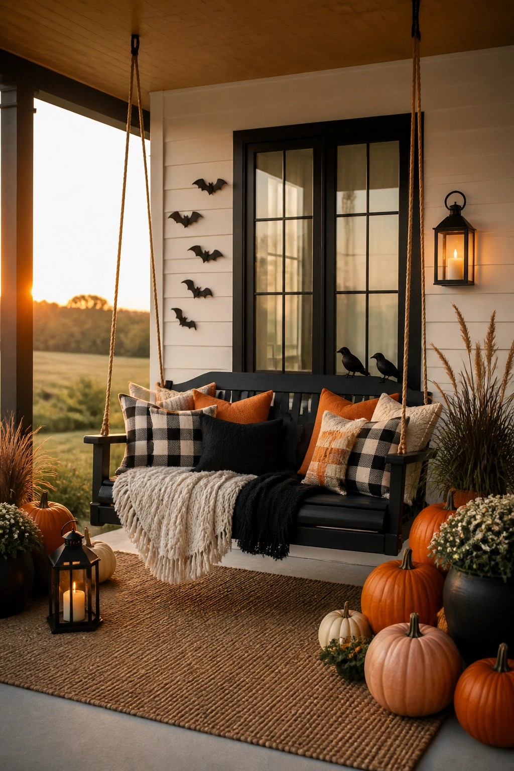 Cozy black porch swing with plaid pillows, pumpkins, lanterns, and bat decorations at sunset.