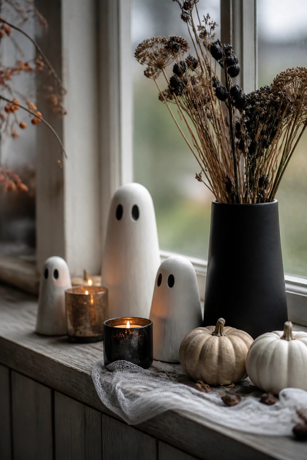 A wooden windowsill holds several white ghost figurines with black eyes, two lit candles in dark holders, small white and beige pumpkins, and a black vase with dried flowers.