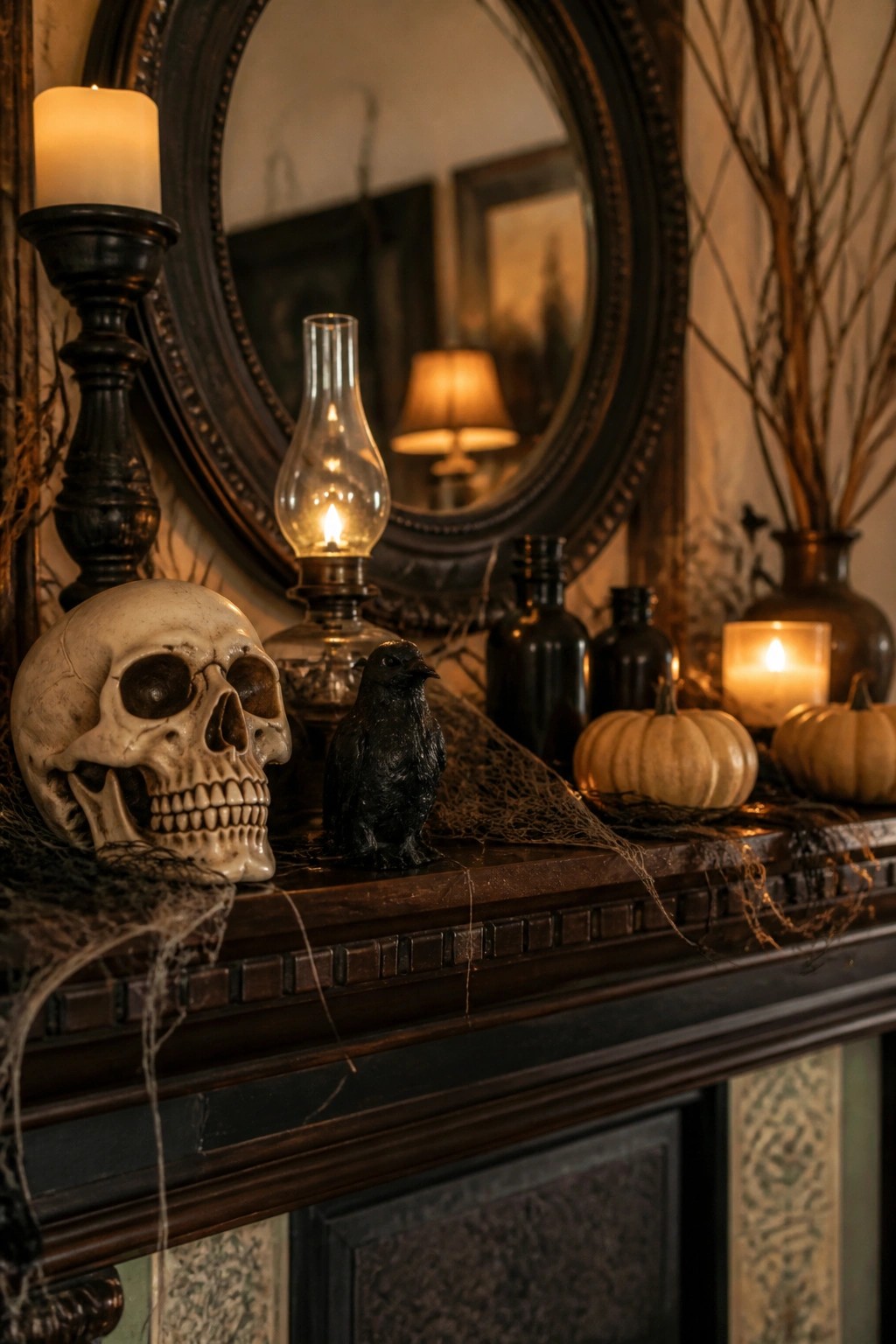 A dark wooden mantel styled with a skull, black crow, small pumpkins, candles, and an oil lamp in front of a round mirror.