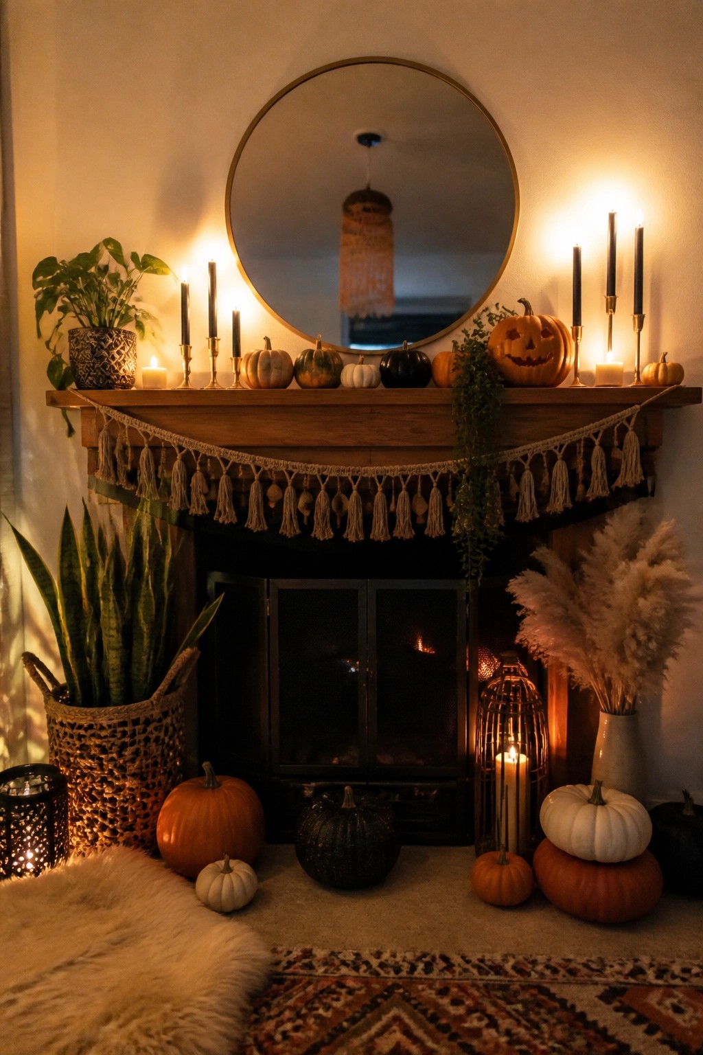 Cozy fireplace mantel with pumpkins, lit candles, macrame garland, and plants.