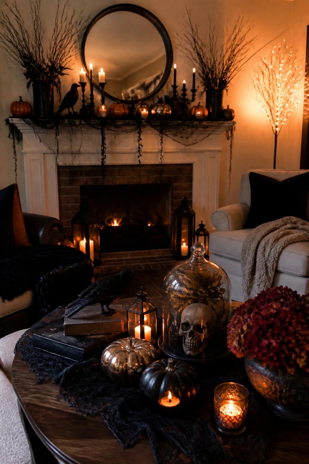 Living room fireplace mantel styled for Halloween with black crows, pumpkins, candles, and spiderwebs draped across the front.