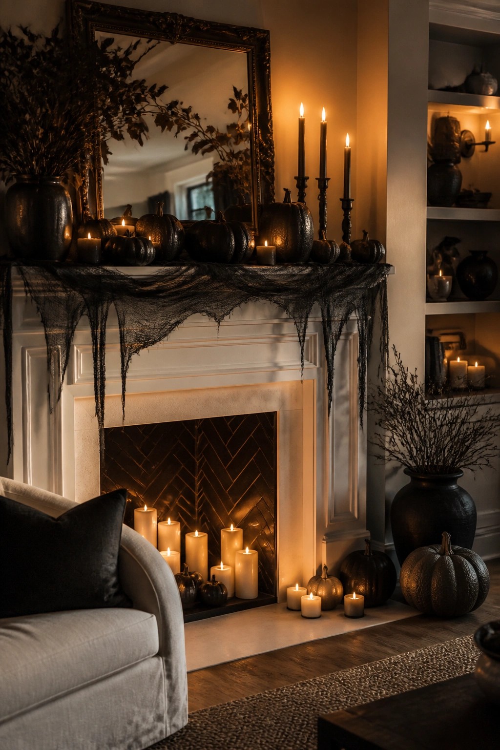White fireplace mantel decorated with black pumpkins, black taper candles, and black webbing, with white pillar candles arranged inside the firebox.