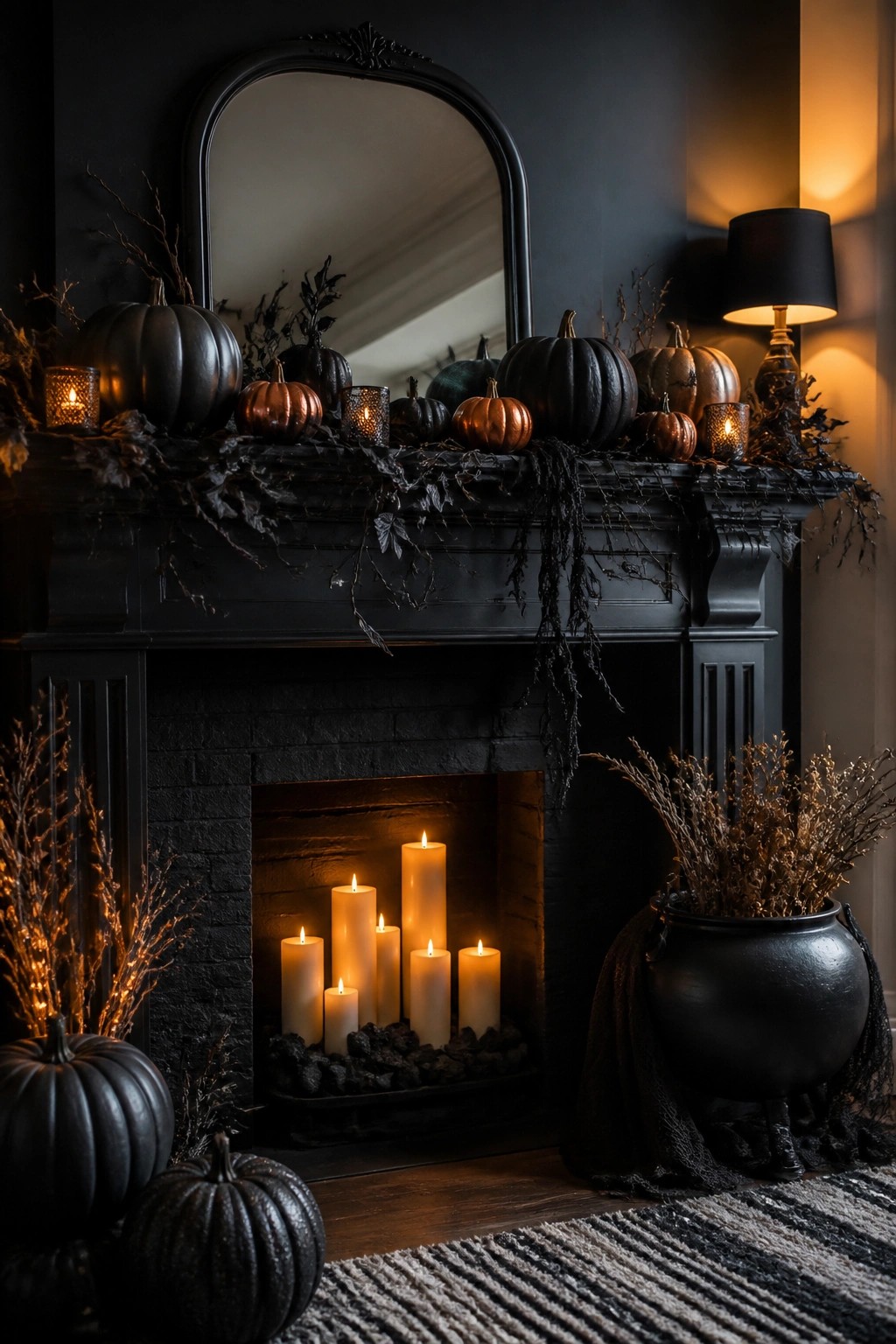 Dark fireplace mantel decorated with black and copper pumpkins, lit candles inside the firebox, and a black cauldron beside it.