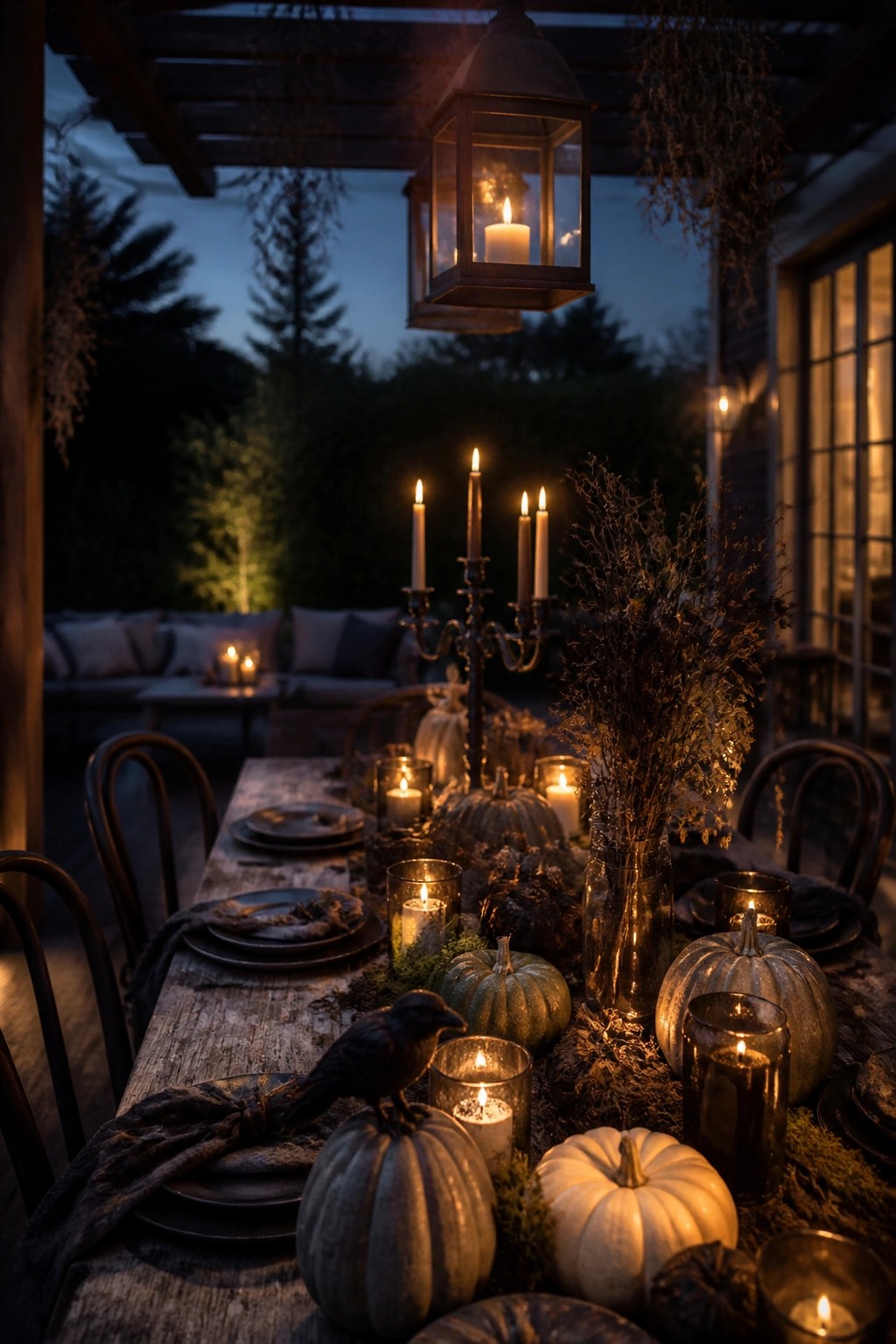 Outdoor dining table decorated with white, green, and gray pumpkins, black crow figurines, candles in glass holders, and dried branches under a hanging lantern.