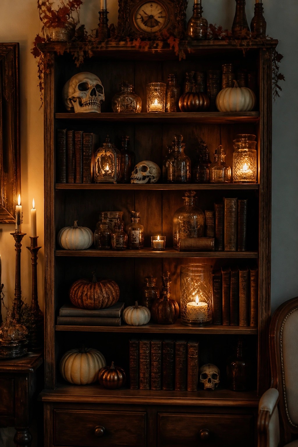 Dark wooden bookshelf arranged with skulls, glowing glass lanterns, old books, and small pumpkins for Halloween.