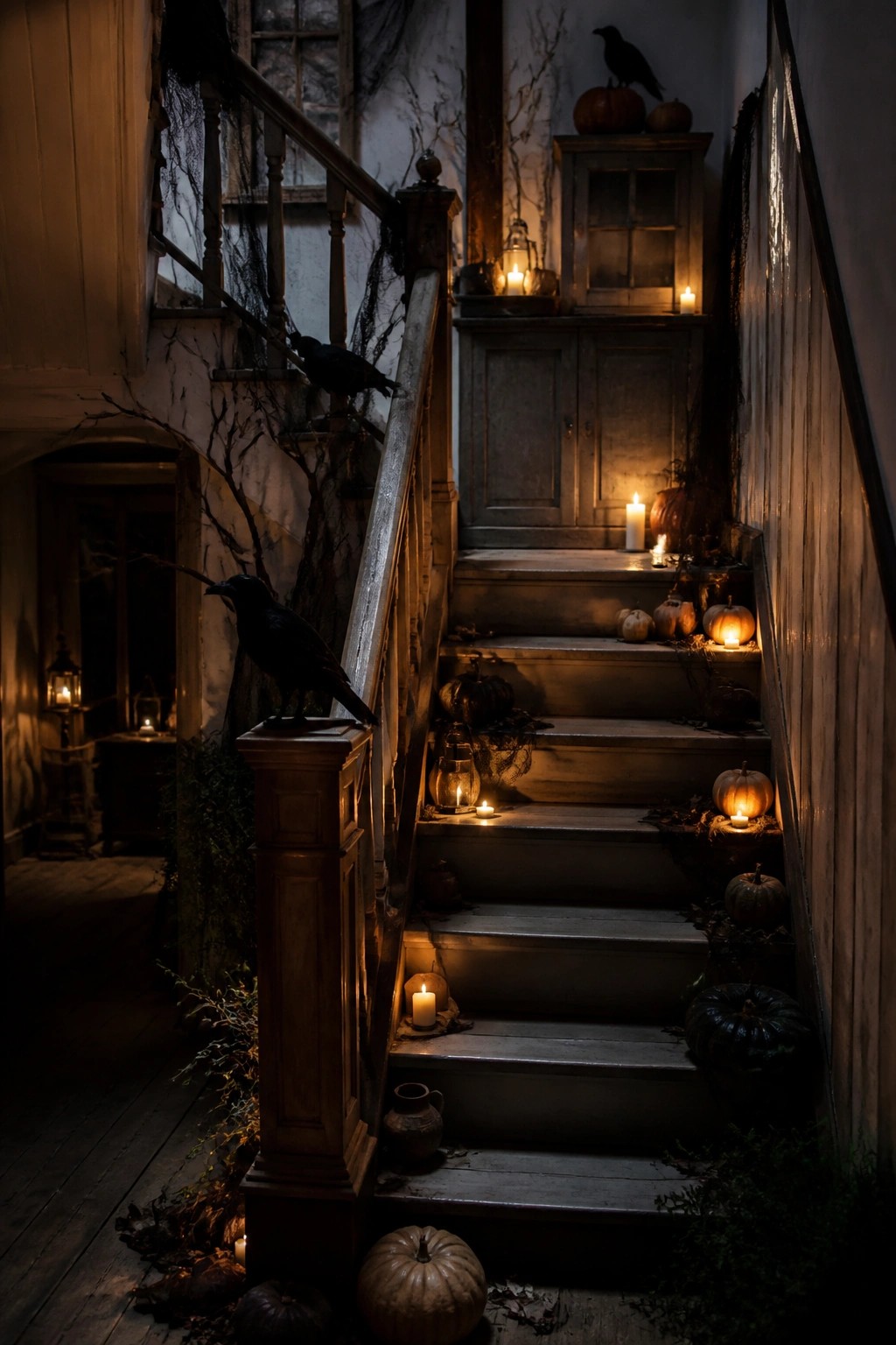 Dimly lit wooden staircase with glowing pumpkins, candles, black crows, and cobwebs.